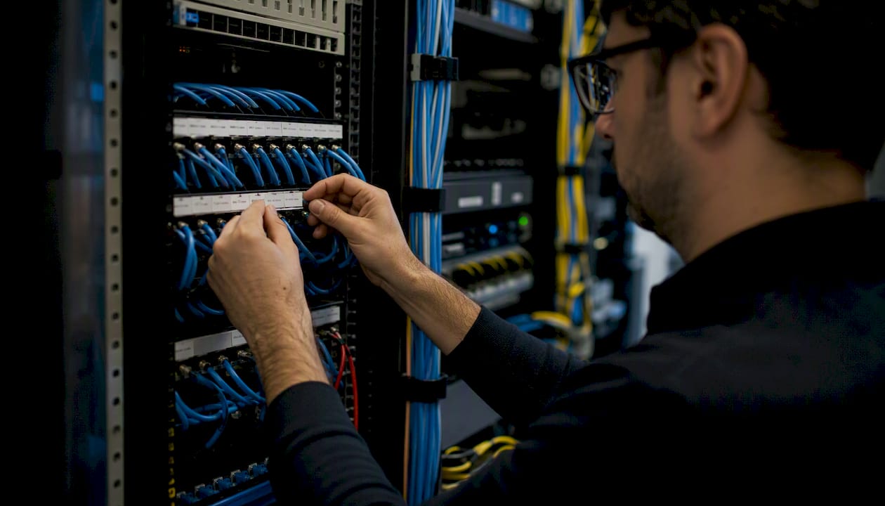 Hands re-labeling cables on patch panel