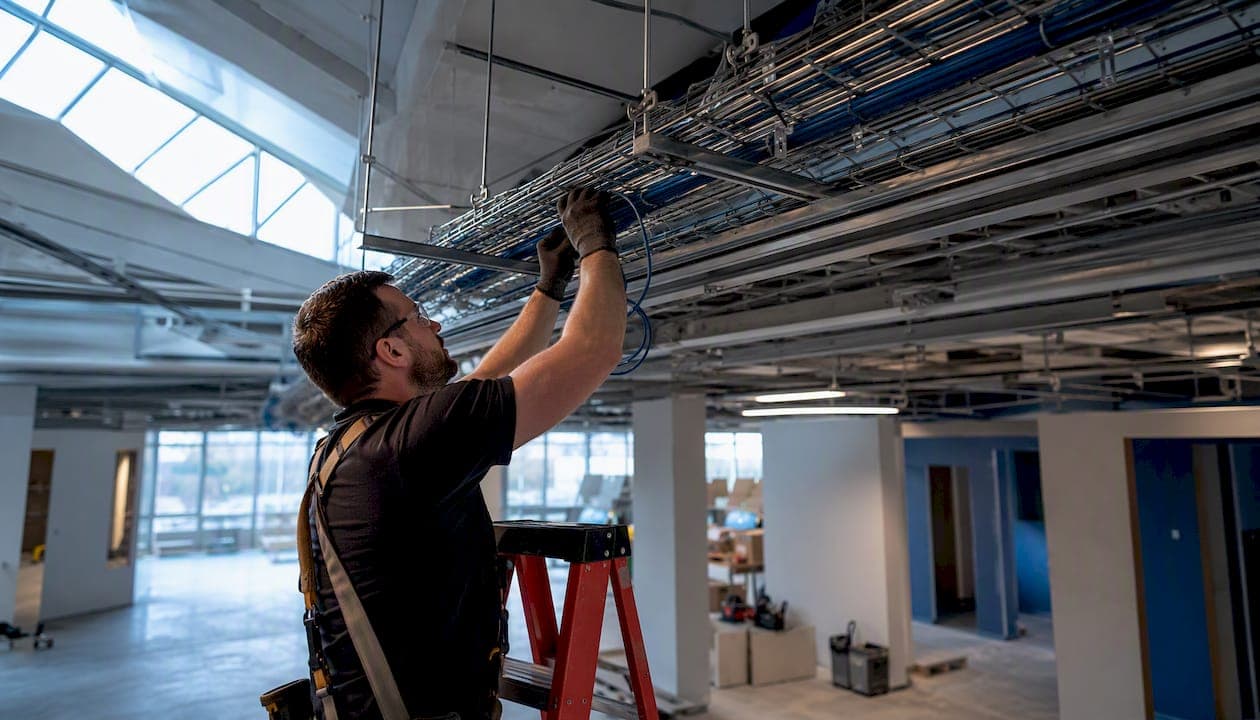 Hands routing Cat6A cable in ceiling