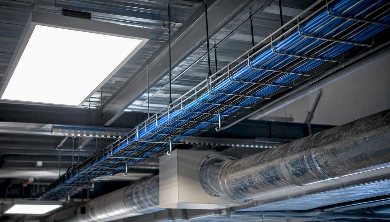 Network cables routed near HVAC ducts in ceiling