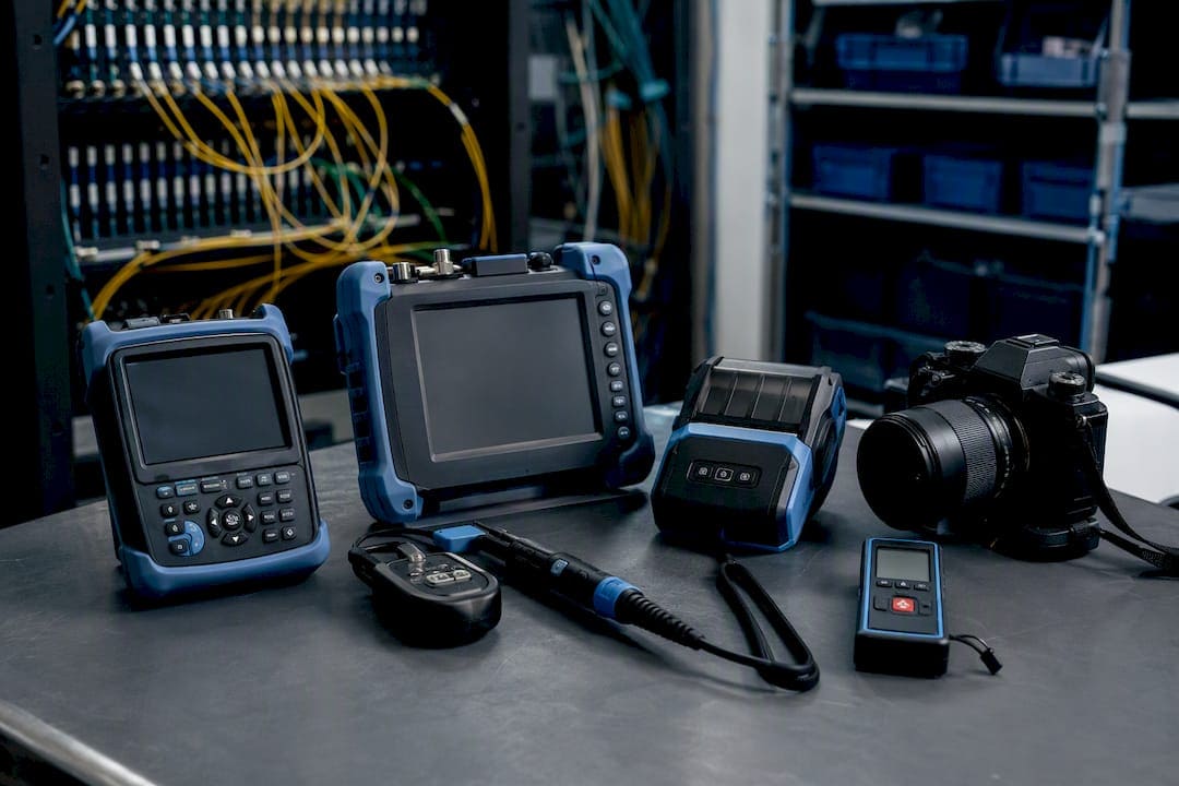 Field survey tools arranged on workbench