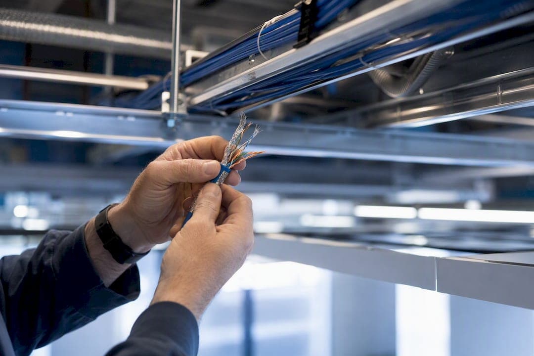 Technician hands routing RS-485 cable in ceiling
