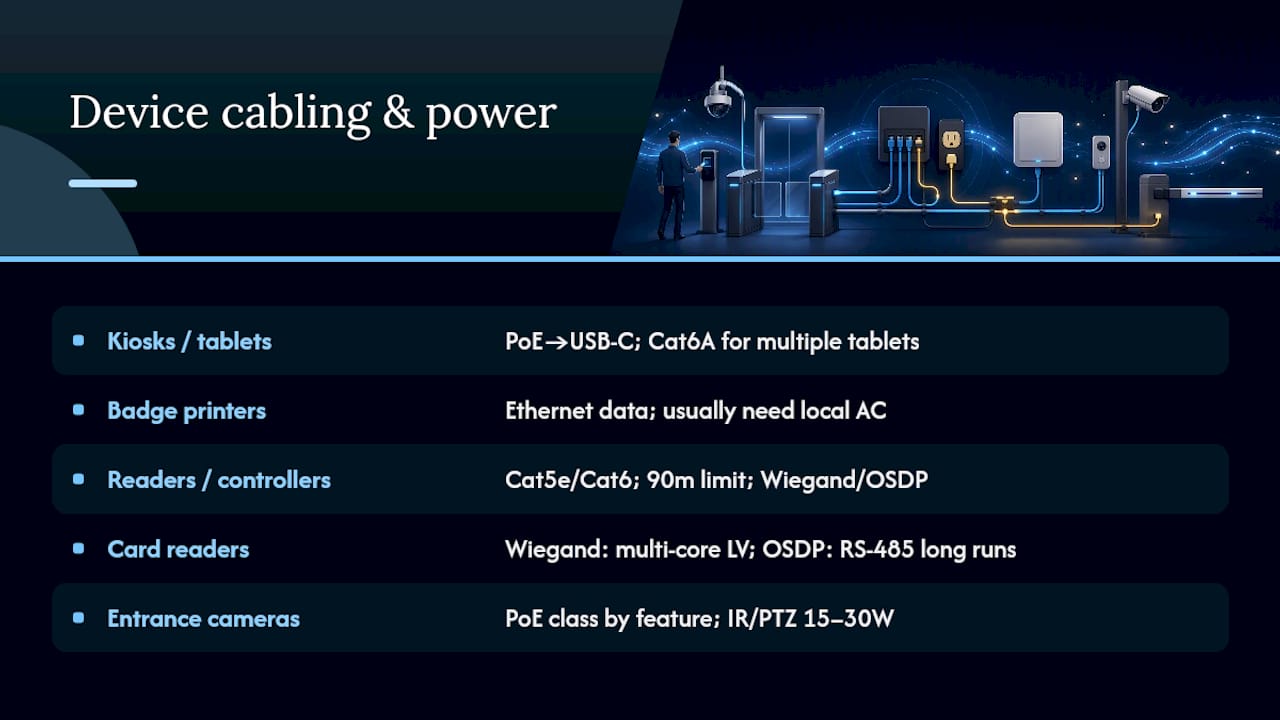 Comparison of visitor device cabling and power specs