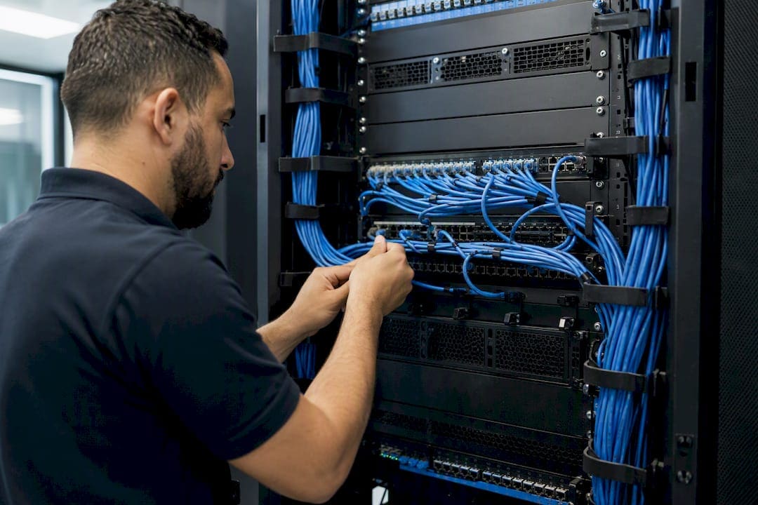 Hands routing cables in server rack