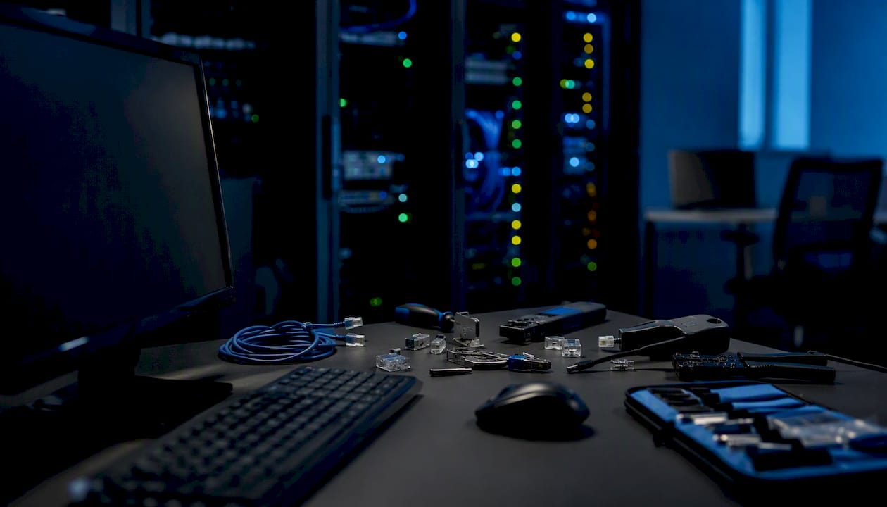 Dimly lit network operations desk with equipment