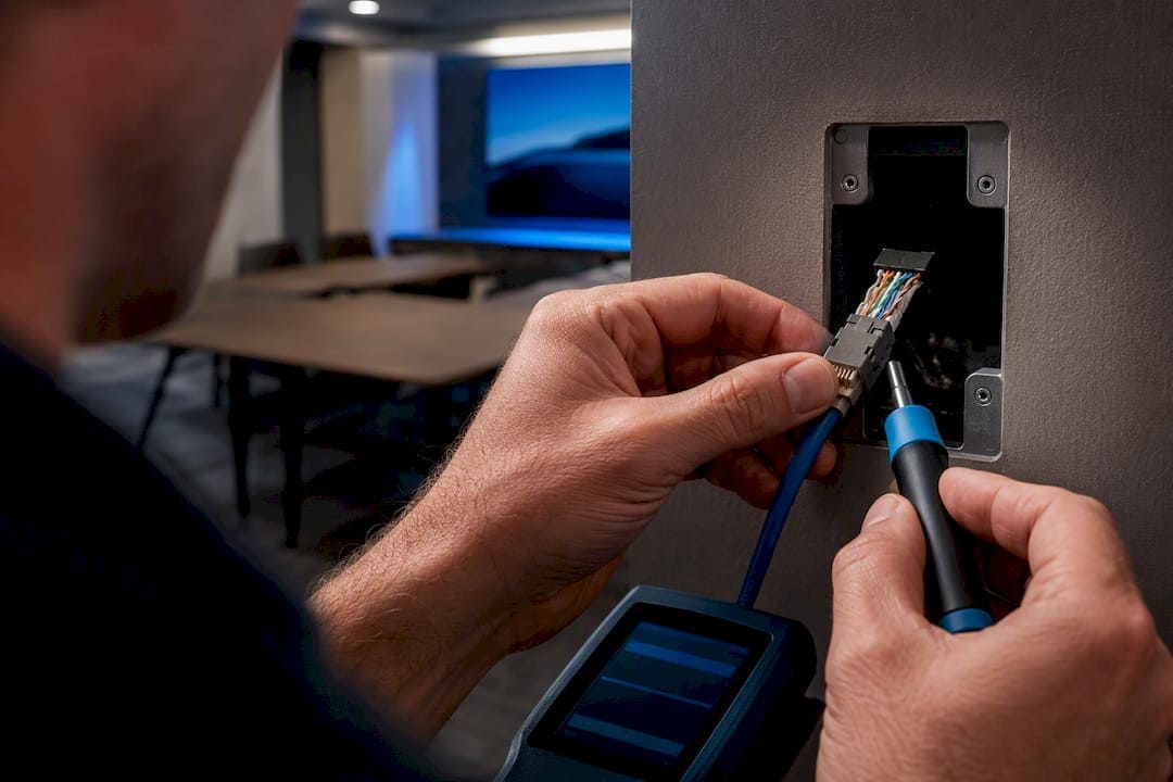Technician inspecting twisted-pair cable termination