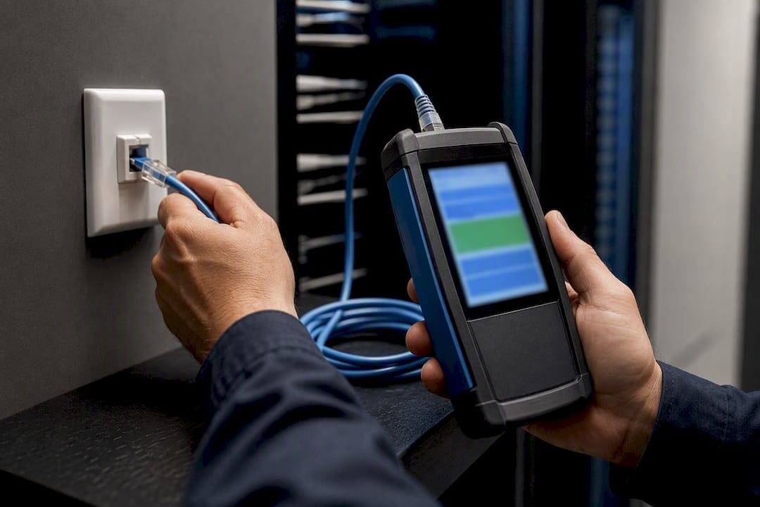 Technician certifying copper cable link