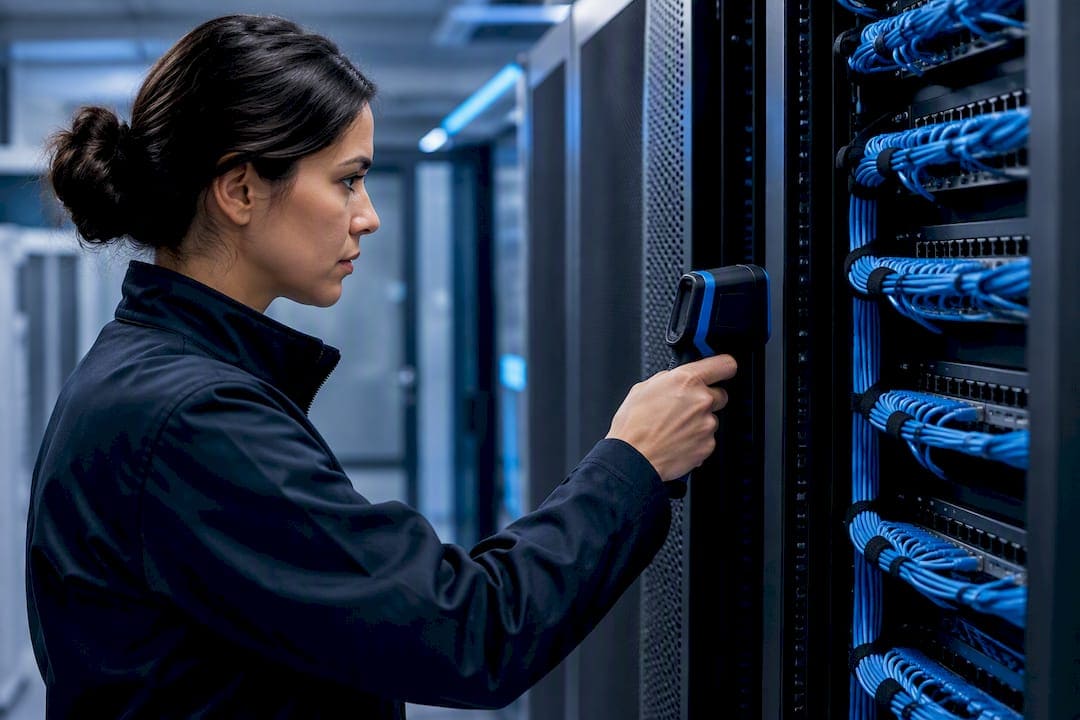 Technician checking telecom closet heat