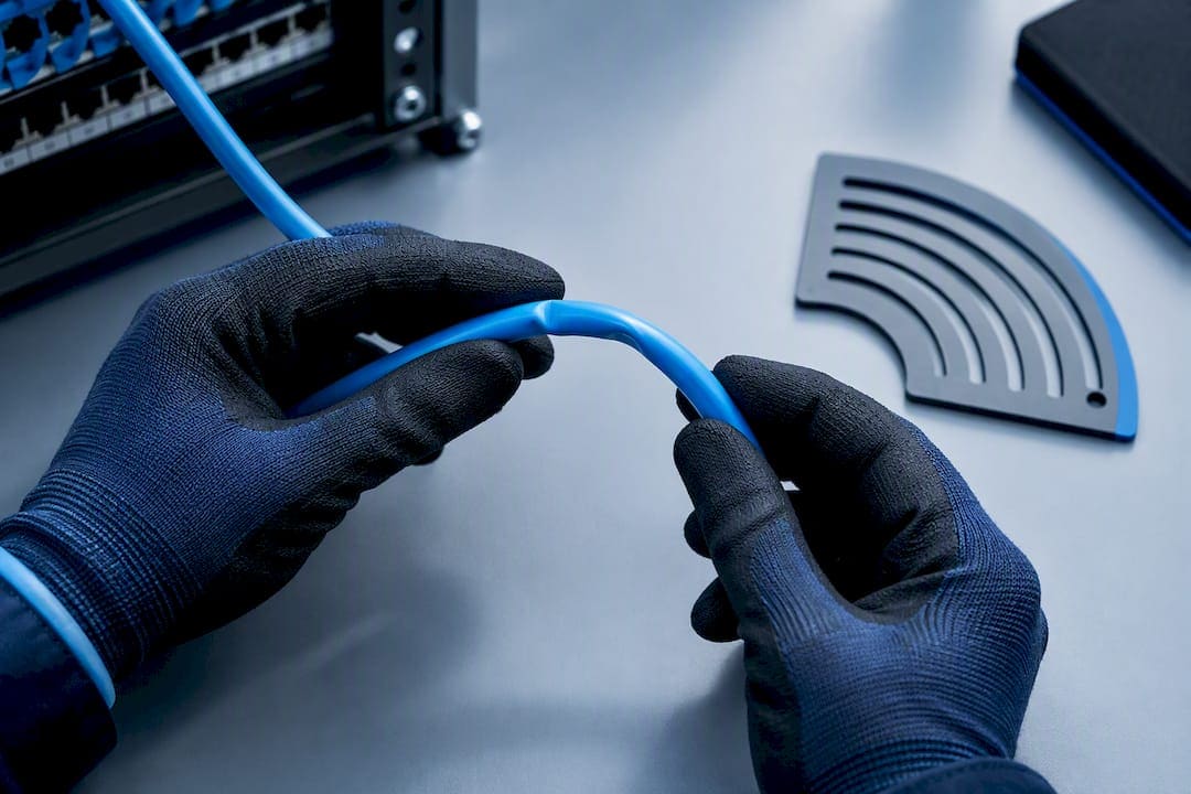 Technician inspecting kinked copper cable