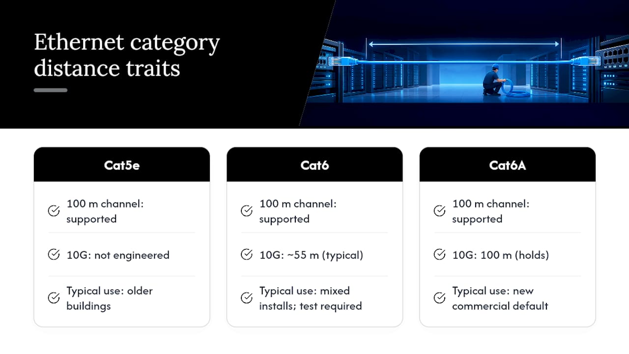 How Do Cat5e, Cat6, and Cat6A Compare for Distance? — overview diagram