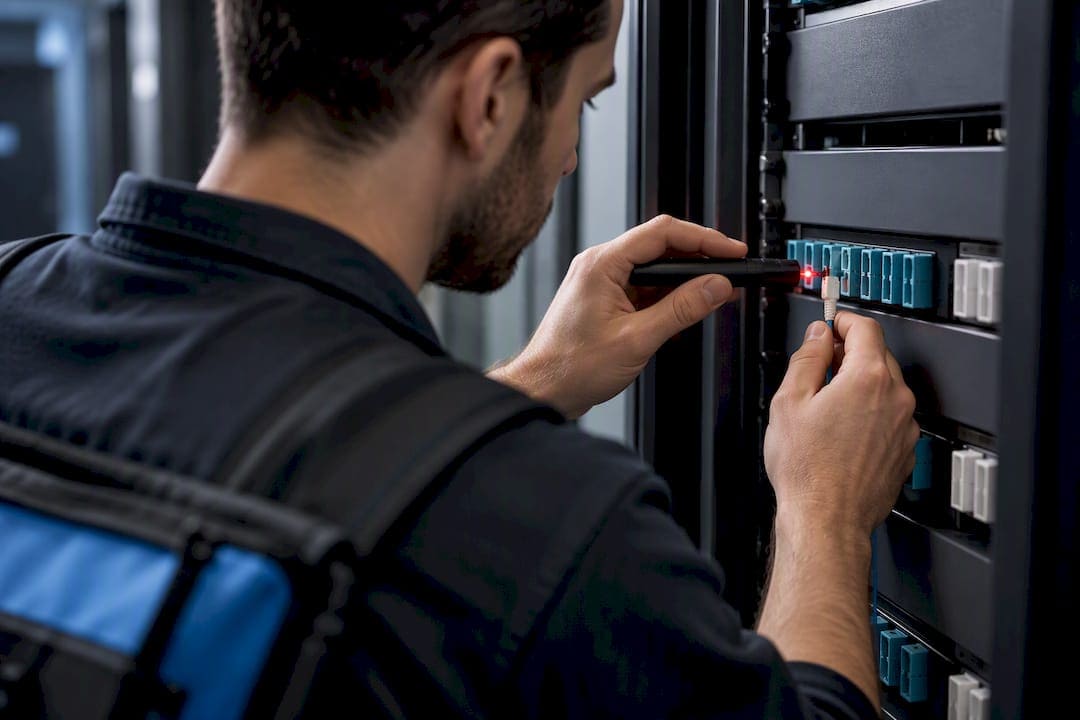 Technician checking live fiber transmit direction