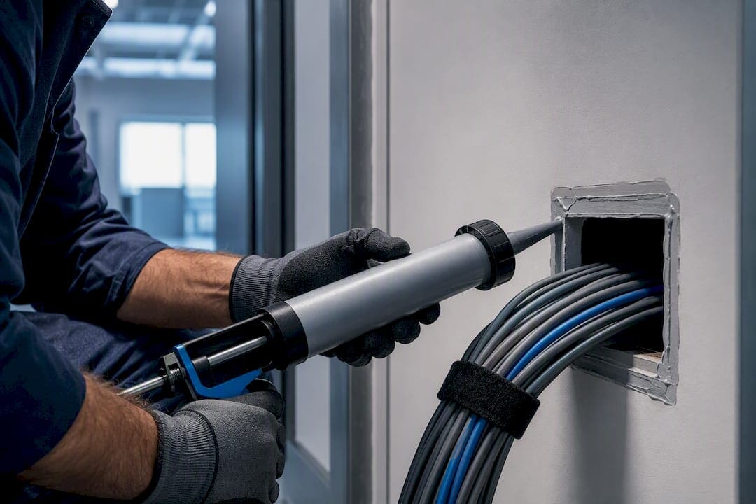Technician sealing a cable penetration
