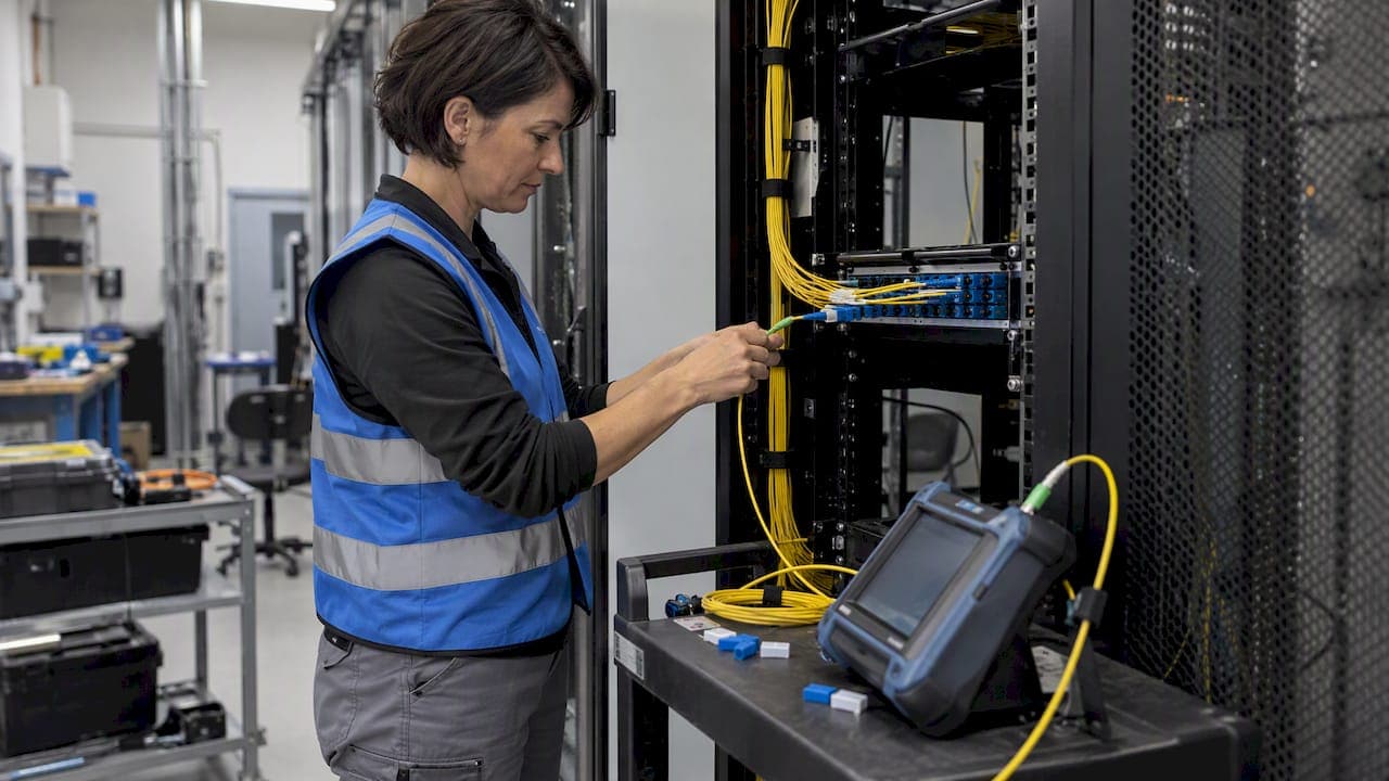Technician connecting OTDR for fiber acceptance test