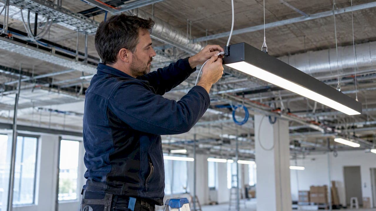 Installer connecting PoE lighting cable