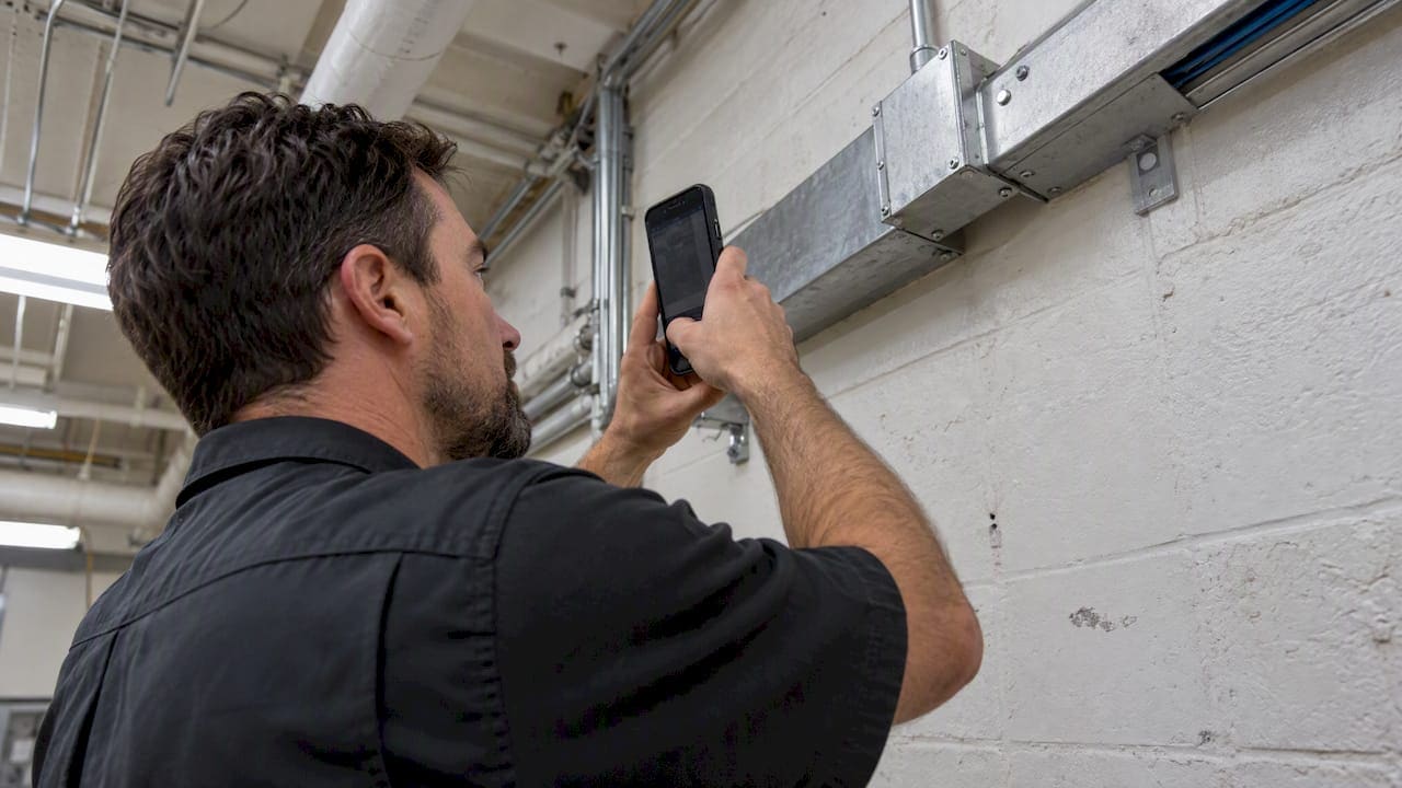 Technician documenting existing raceway before retrofit