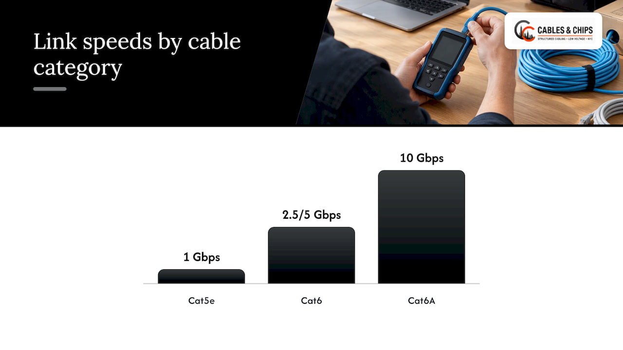 How Cat5e, Cat6, and Cat6A perform for Wi-Fi 6E: speeds, distances, and noise immunity — overview diagram