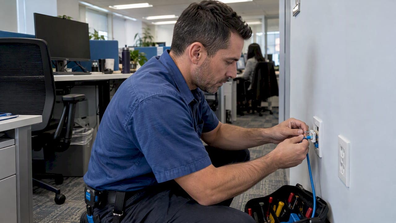 Technician terminating a commercial office network outlet