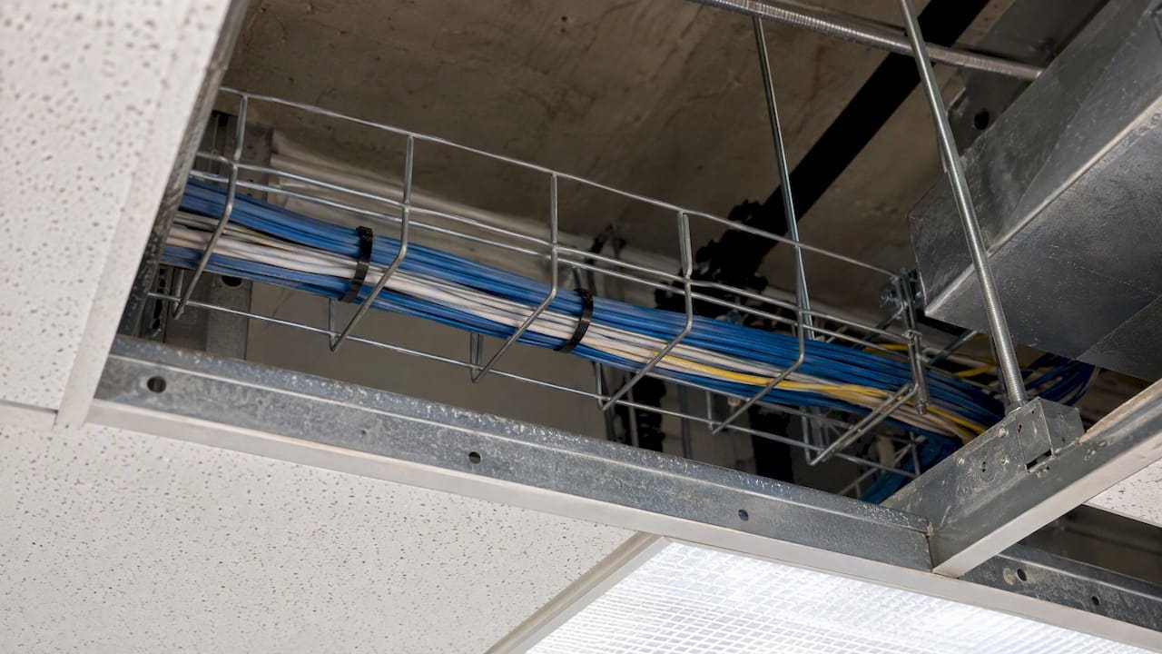 Accessible cable tray above suspended office ceiling