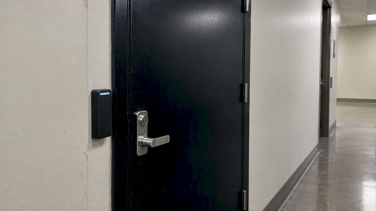 Steel network closet door with card reader