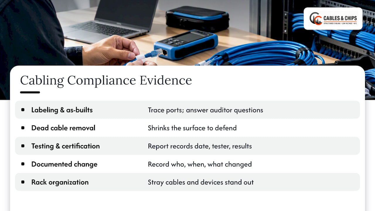 Where cabling work becomes compliance evidence — overview diagram