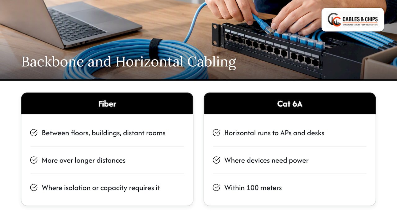 Fiber backbone and Cat6A horizontal cable roles