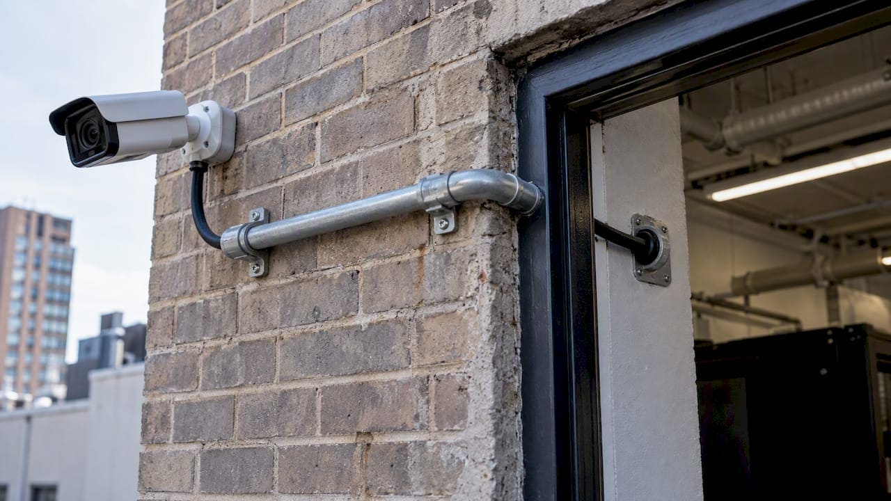 Outdoor camera cable entering a commercial building